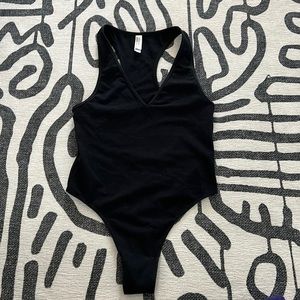Racerback V neck spandex thong bodysuit